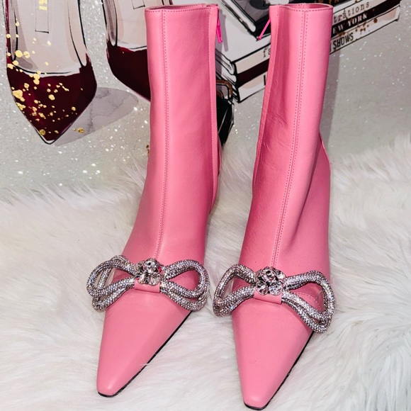 NEW | Mach & Mach Pink Crystal Embellished Double Bow Booties - Picture 3 of 8